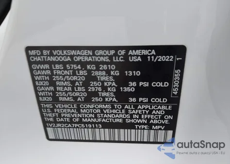 2023 Volkswagen Atlas 3.6L V6 Se W/Technology from USA, damaged, VIN 1V2JR2CA7PC519113